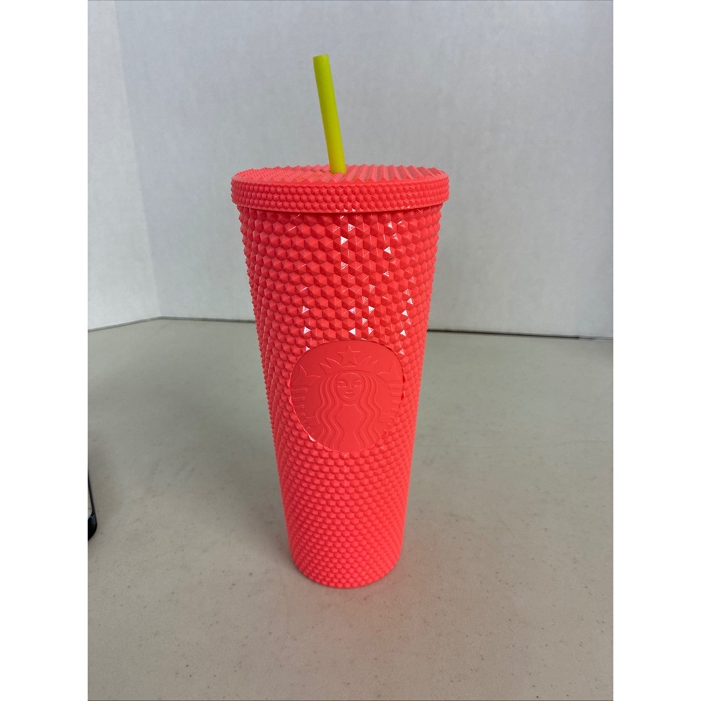 Starbucks Studded Neon Coral Pink Venti Cold Cup Tumbler 24oz 011132647 New